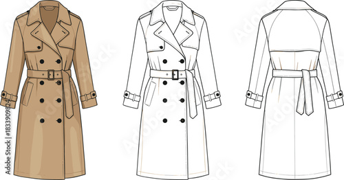 Technical flat sketch of classic double breasted trench coat with belt and tailored details for fashion garment design templates, cad drawing flat vector illustration