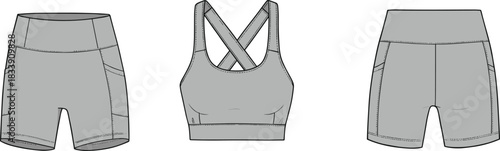 Technical flat sketch of athletic shorts and sports bra activewear set with pocket seams for fitness apparel design templates, cad drawing flat vector illustration