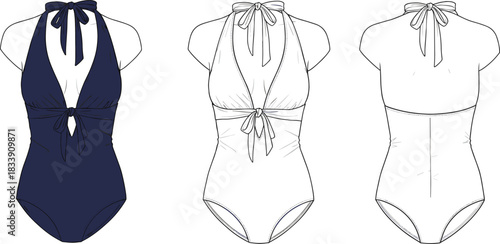 Technical flat sketch of halter neck one piece swimsuit with bow tie details, professional apparel design template for fashion industry, cad drawing flat vector illustration