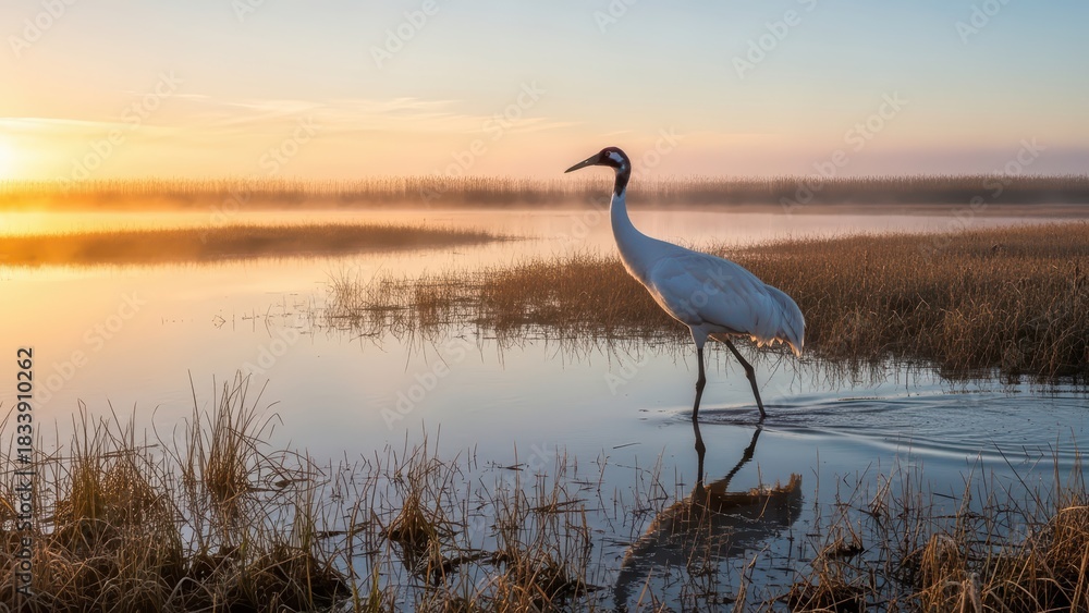 Naklejka premium Serene sunrise with red-crowned crane in tranquil wetlands
