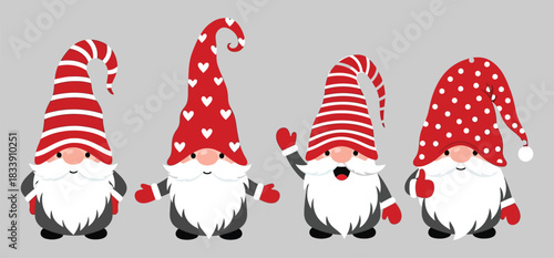 A charming collection of four adorable cartoon gnomes with red hats and white beards, perfect for festive holiday designs and christmas projects