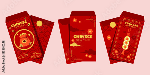 Red Envelopes For Happy Chinese New Year Celebration Featuring Auspicious Symbols And Floral Motifs