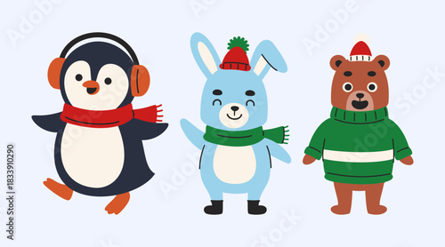 Charming Winter Animal Characters Adorable Penguin Rabbit and Bear in Cozy Attire