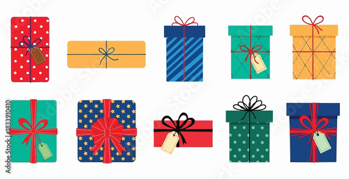 Variety of festive present boxes with bows and blank tags in diverse colors and patterns, ideal for celebration greetings and seasonal promotions