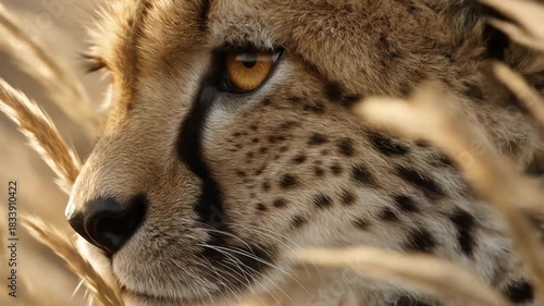 Close up of a cheetahs face with focused gaze in natural habitat