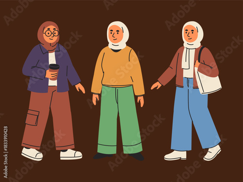 Stylish Muslim Women In Diverse Contemporary Outfits Engaging In Daily Interactions And Activities