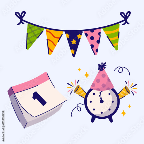 Illustration of New Year's Eve Celebration Items Festive Party Decorations for a New Beginning