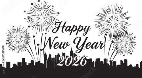 Happy New Year 2026 fireworks display over city skyline silhouette