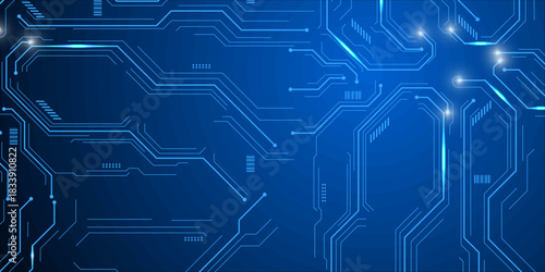 Blue digital circuit trace lines forming a modern technology background, illustrating electronic and computer concepts with chip connectors and circuit board elements in vector style.