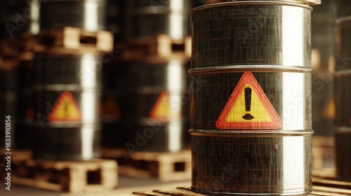 Metallic barrels with prominent hazard warning signs on wooden pallets, indicating storage of potentially dangerous industrial materials.