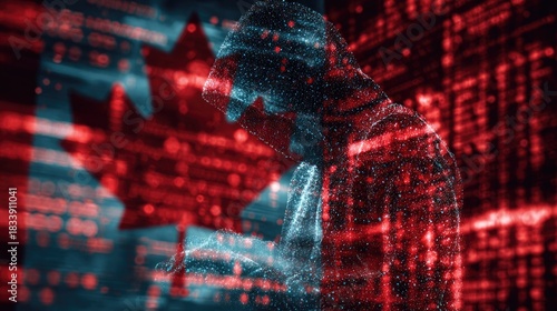 Digital hooded figure representing a hacker, overlaid on a Canadian flag with data patterns, symbolizing cybercrime and digital security threats against Canada.