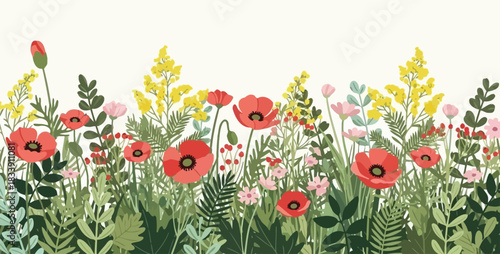Vibrant stylized floral border with red poppies, yellow flowers, and lush green leaves, perfect for spring and nature designs.