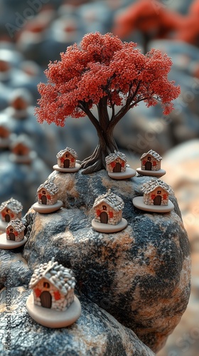 Miniature Stone Houses Under Red Tree on Rock