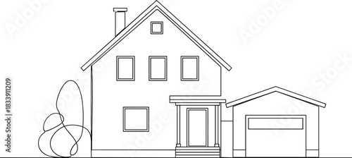 Simple line art drawing of a classic suburban two-story house with a chimney, front porch, and attached garage, symbolizing home ownership, real estate, and family dwelling vector