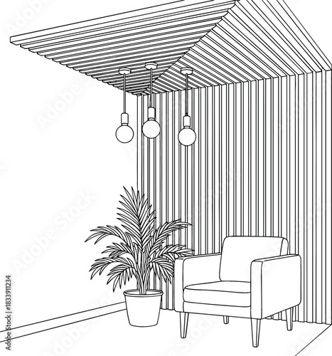 Outline drawing of a modern interior lounge area featuring a comfortable armchair, slatted wall panels, potted plant, and hanging globe lamps, symbolizing contemporary design and relaxation