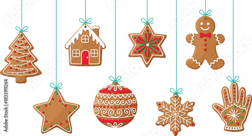 Set of hanging decorated gingerbread cookies shaped like Christmas ornaments, including a house, tree, and star, symbolizing holiday baking, tradition, and festive winter cheer vector