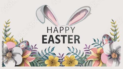 Happy easter greeting with decorative floral elements painted easter eggs and cute bunny ears peeking from behind the text