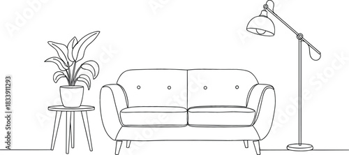 Continuous line art drawing of a modern living room setting featuring a comfortable sofa, side table with potted plant, and adjustable floor lamp, symbolizing interior design