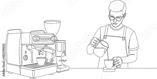 Continuous line art drawing of a professional barista pouring milk into a coffee cup near a large espresso machine, symbolizing cafe work, craftsmanship, and fresh morning beverage