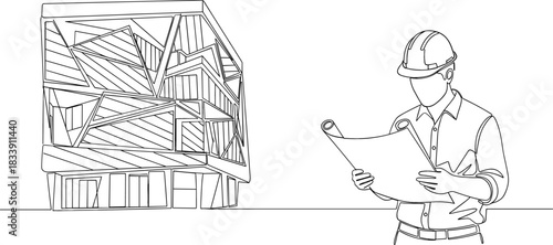 Continuous line art drawing of an architect in a hard hat studying blueprints, next to a modern abstract geometric building, symbolizing construction, engineering, and architectural planning
