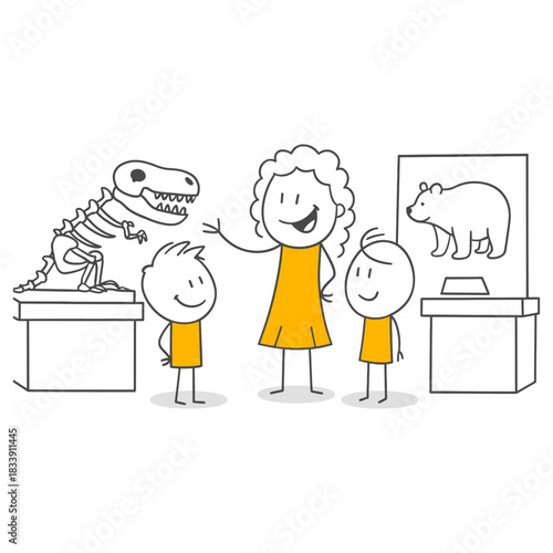 An Educational Trip Where A Happy Teacher Arouses Curiosity By Transferring New Information About A Prehistoric Skeleton To Their Students.