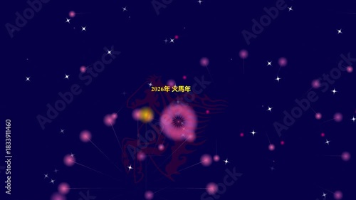 year of the fire horse 2026 with the text 2026 year of the fire horse in Chinese letters, animation
with fire works and fire horse
