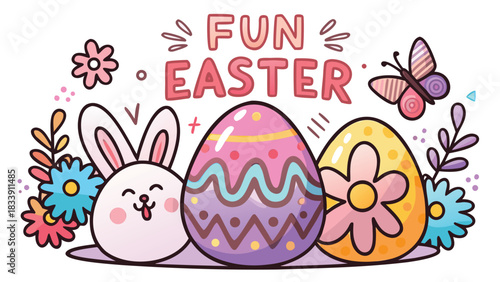 Cute cartoon illustration of a happy easter bunny with colorful decorated eggs flowers and a butterfly for a festive greeting card or design element