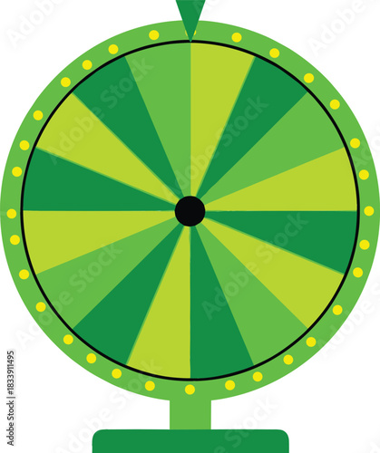 Green segmented prize wheel of fortune with indicator, symbolizing gambling, games, chance, luck, success, lottery, marketing promotion, and spin to win vector