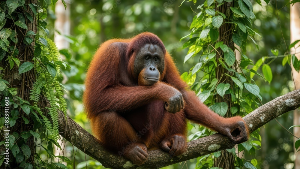 Obraz premium Contemplative orangutan in lush borneo jungle habitat
