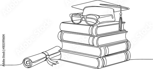Continuous line art drawing of a stack of books, graduation cap, glasses, and diploma, symbolizing knowledge, success, learning, achievement, and academic education vector concept