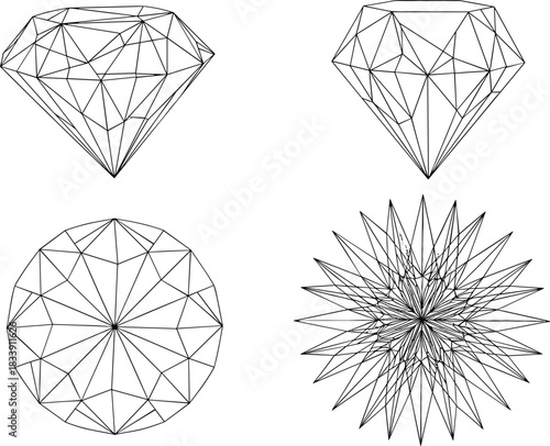 Set of four elegant line art diamond cuts, showing brilliant and round facets from top and side views, symbolizing jewelry, luxury, and precious stones vector design