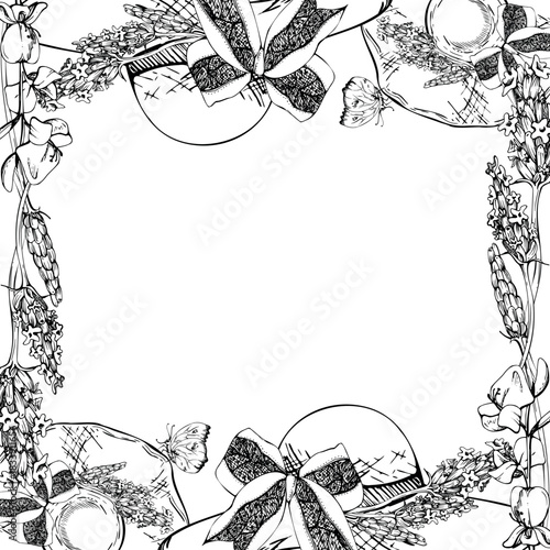 Straw sun hat with lavender bouquet, vintage lilac bow wide trim. Isolated square frame, border illustration hand drawn in vector ink. Wedding stationery, romantic wrapping, garden-themed products