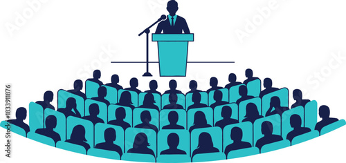 Speaker at a podium addressing a large audience seated in an auditorium, symbolizing business conference, public speech, seminar, and professional presentation event vector
