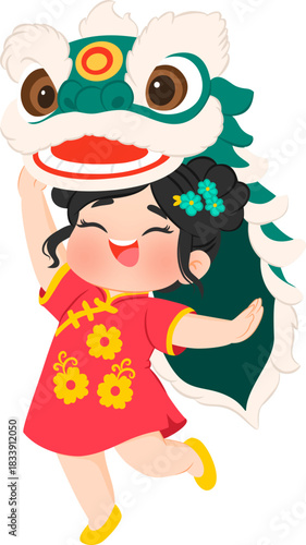 Cute Lion Dance Girl for Chinese New Year
