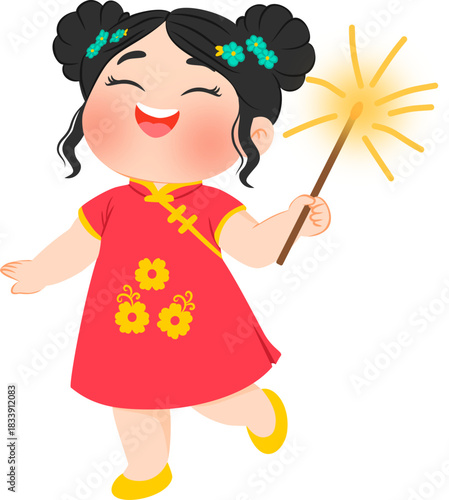 Illustration of a chinese new year girl with a firework