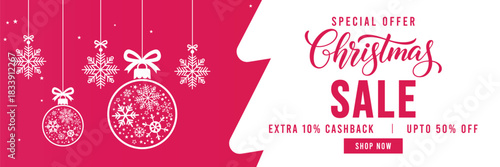 Festive Christmas sale banner with pink and white background, hanging snowflake ornaments, bold holiday typography and discount offer, perfect for seasonal retail promotions, web ads, social media mar