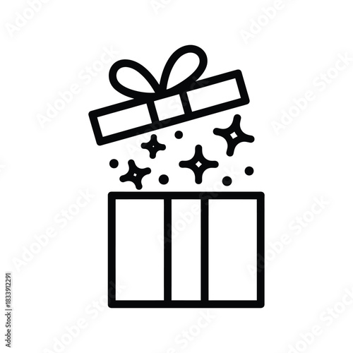 Outline Open Cardboard Box Icon with Stars Bursting for Surprise or Magic Reveal