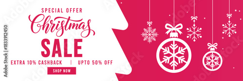 Festive Christmas sale banner with pink and white background, hanging snowflake ornaments, bold holiday typography and discount offer, perfect for seasonal retail promotions, web ads, social media mar
