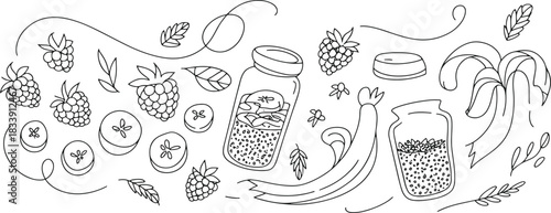 Hand drawn black line art doodle of raspberries fruit slices and jars with seeds raspberry leaves