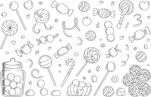Black and white line art collection of assorted candies and sweets candy lollipop