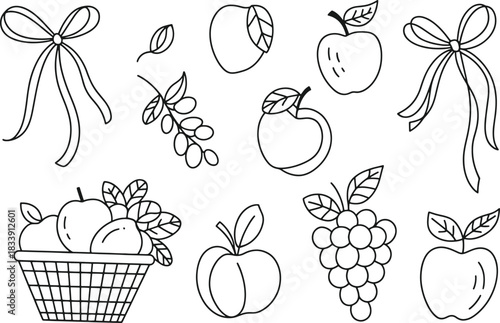 Black and white line art collection of fruits bows and leaves apple grapes