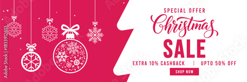 Festive Christmas sale banner with pink and white background, hanging snowflake ornaments, bold holiday typography and discount offer, perfect for seasonal retail promotions, web ads, social media mar