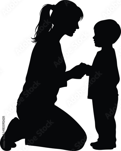 Mother kneeling holding child hands silhouette, family love support, parent and kid bonding, caring relationship illustration, emotional parenting concept vector