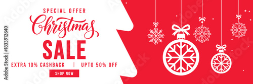 Festive red and white Christmas sale banner with hanging snowflake ornaments and gift boxes, modern holiday typography, special discount and cashback offer design, ideal for seasonal retail, web ads, 