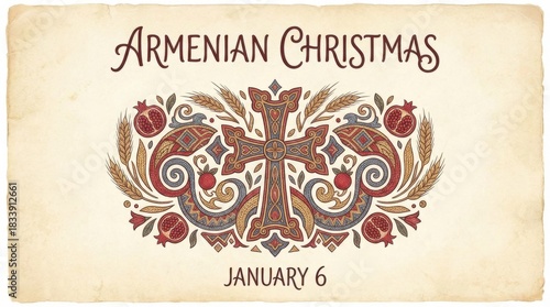 cozy horizontal poster template for armenian christmas illustration template featuring traditional cross motif surrounded by soft patterns on subtle textured background that looks like paper