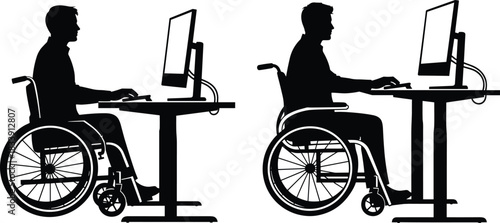 Inclusive workplace accessibility, wheelchair user working on computer at desk, adaptive office furniture, disability inclusion, professional employment and digital communication