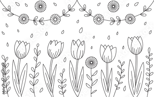 Black and white line art of tulips and floral garland with falling drops flowers