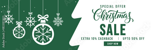 Green and white Christmas sale banner with hanging snowflake ornaments and baubles, elegant holiday typography, special cashback and discount promotion, perfect for seasonal retail campaigns and web a
