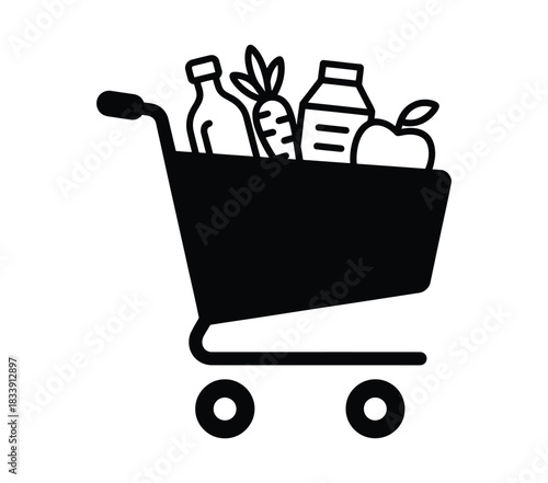 Shopping Cart Icon with Groceries: Online Market, Buy, and E-commerce