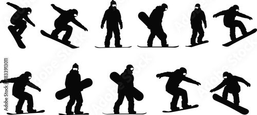 Snowboarder silhouette collection showing winter sports action, extreme tricks, jumps, downhill movement and lifestyle poses for snowboarding illustration design
